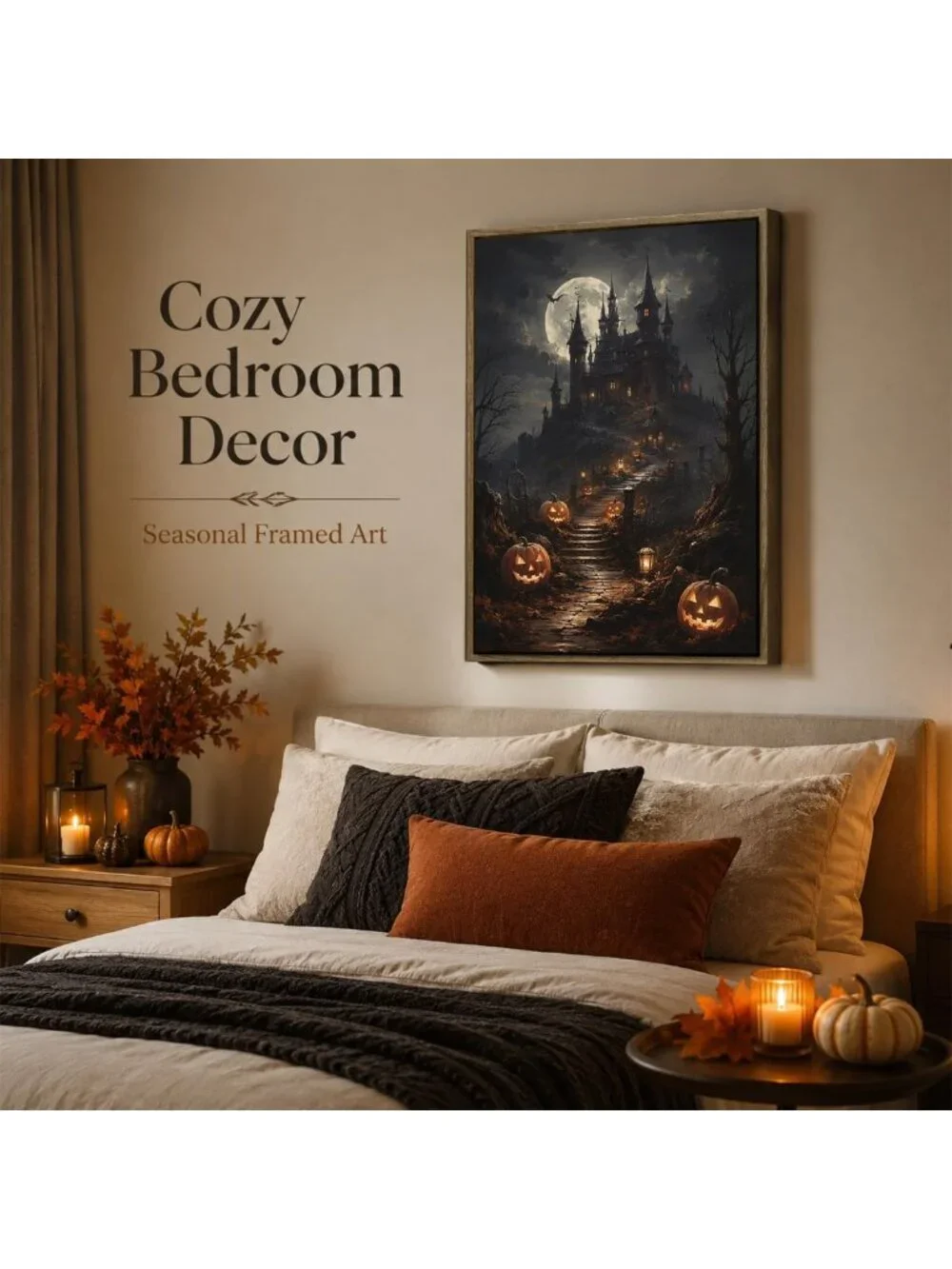 Spooky Halloween Framed Wall Art - Haunted House & Pumpkin Decor Pictures